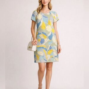 Etcetera 100% Silk Shift Dress Size 8 Blue Yellow Abstract Print Lined